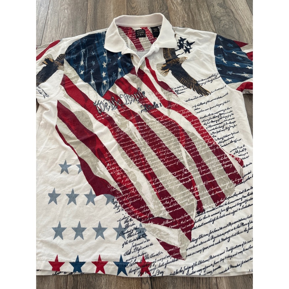Cotton Traders Sport Mens XXL American Flag Eagle We The People Polo Shirt White